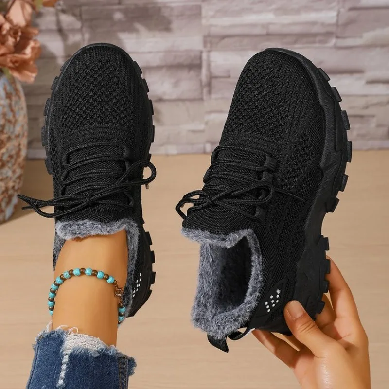 Knit Fabric Lace Up Sneakers - Baskets d'hiver thermiques pour femmes, en